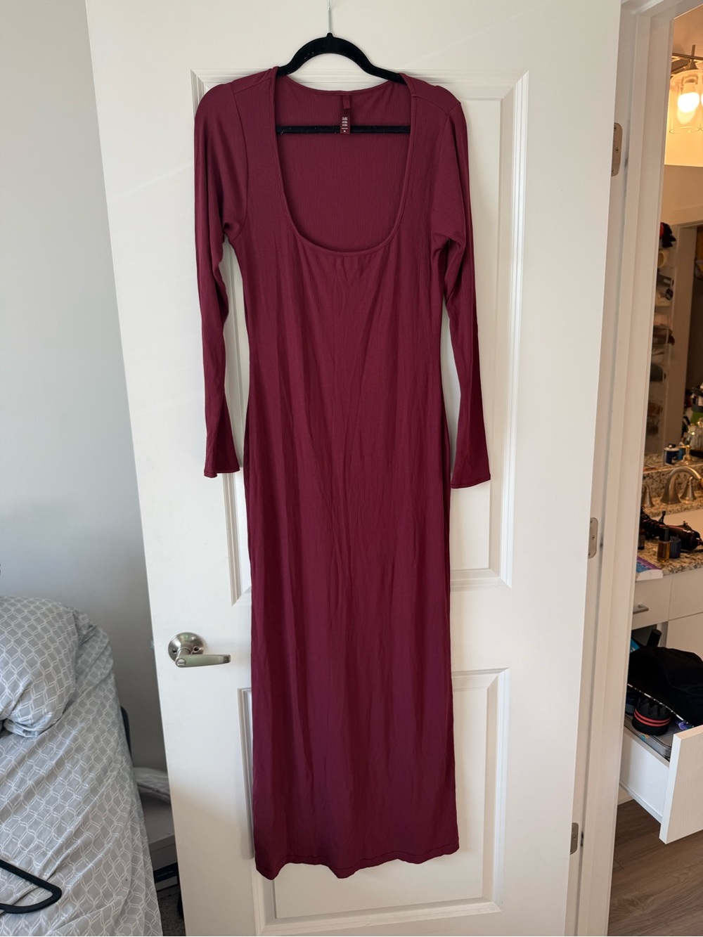SKIMS Long Sleeve Scoop-Neck Maxi Dress in Wine